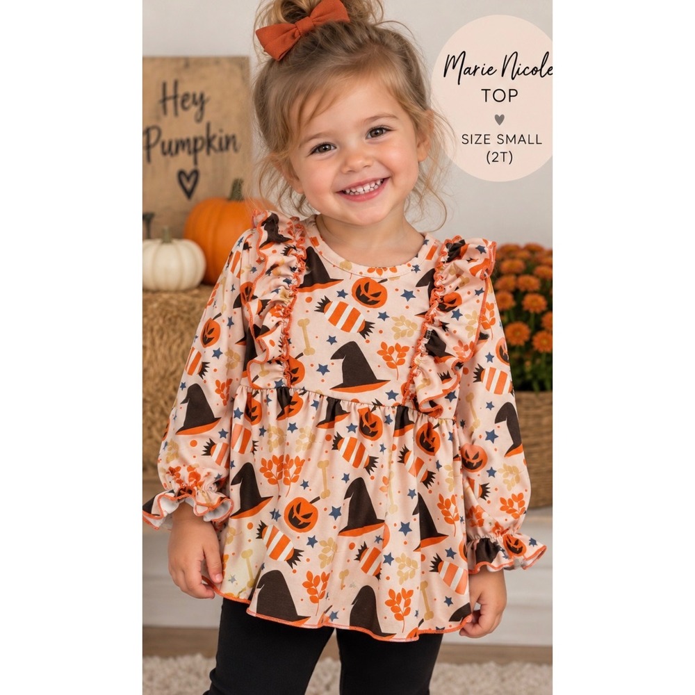 Marie Nicole Girls 2T Halloween Pumpkin Witch Ruffle Top Pink Orange Small